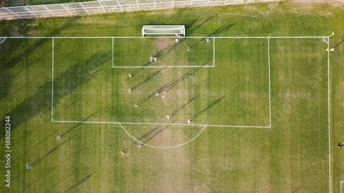 Top down aerial footage of a team scoring a goal in a soccer match