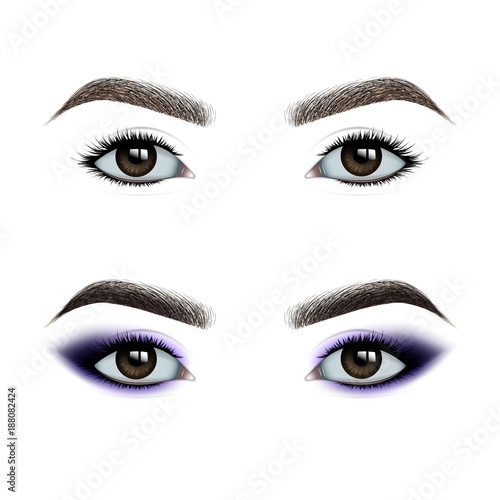 Female eyes before and after makeup. A set of eye shadow. Realistic vector illustration