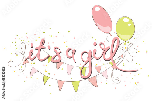 Newborn baby girl / Vector illustration, card with balloons and flags