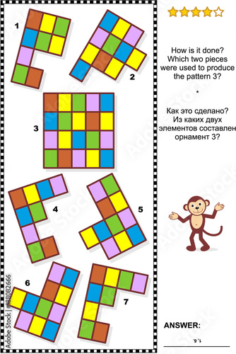 IQ training abstract visual puzzle: How is it done? Which two pieces were used to produce the pattern 3? Answer included.
 photo