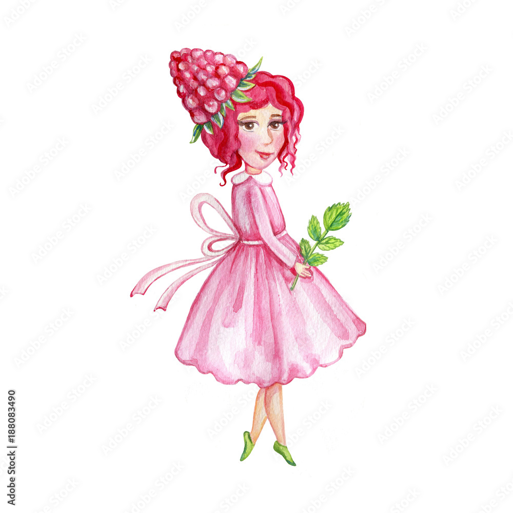 Watercolor cute berry girl in pink dress with leaf, hand drawn raspberry illustration isolated on white background, character design for cosmetic, menu, greeting card, fashion mascot, children invite Watercolor cute berry girl in pink dress with leaf, hand drawn raspberry illustration isolated on white background, character design for cosmetic, menu, greeting card, fashion mascot, children invite