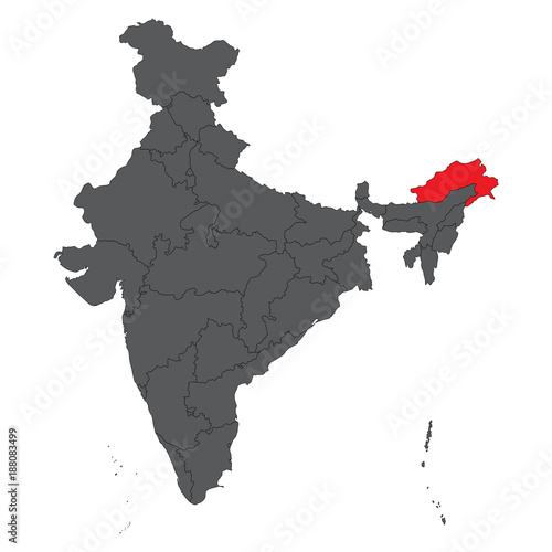 Arunachal Pradesh red on gray India map vector