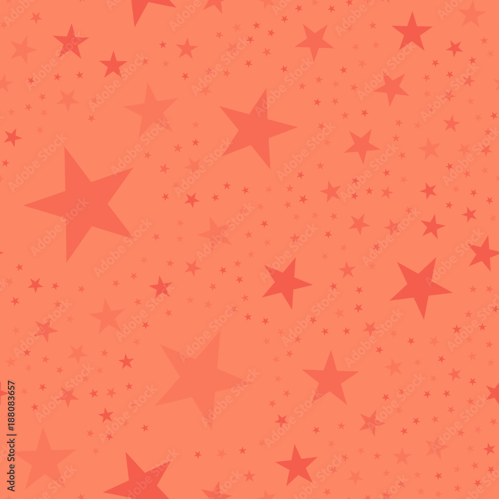 Red stars seamless pattern on coral background. Majestic endless random scattered red stars festive pattern. Modern creative chaotic decor. Vector abstract illustration. Red stars seamless pattern on coral background. Majestic endless random scattered red stars festive pattern. Modern creative chaotic decor. Vector abstract illustration.