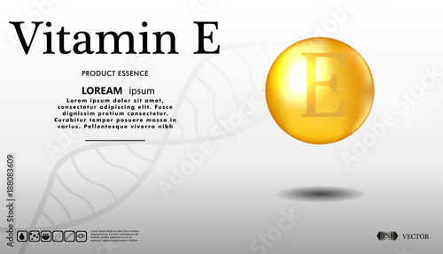 Vitamin E glitter gold iconon a white background. 3d illustration of Vitamin drop pill capsule. Shining golden essence droplet. Vector illustration.