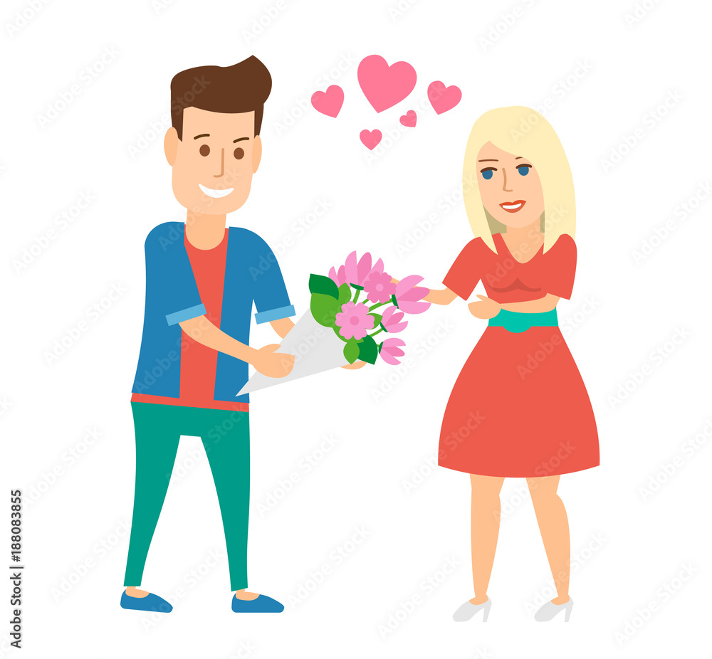 man giving a bouquet of flowers to woman man giving a bouquet of flowers to woman