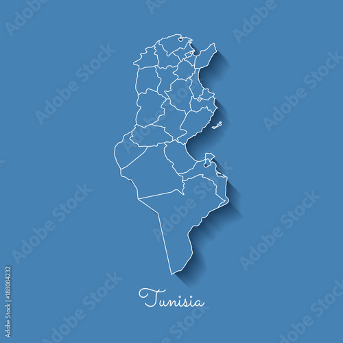 Tunisia region map: blue with white outline and shadow on blue background. Detailed map of Tunisia regions. Vector illustration.