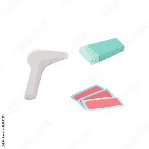 vector flat shaving, hair removal, epilation and depilation tools icon set. Electric epilator, laser machine and wax strips. Isolated illustration on a white background.