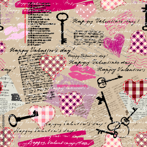 Seamless background pattern. Hearts pattern in a patchwork style.