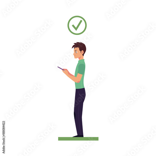 Correct neck and spine alignment of young cartoon man character using smartphone. Healthy head bending positions, inclination of neck. Spine care concept. Vector isolated illustration