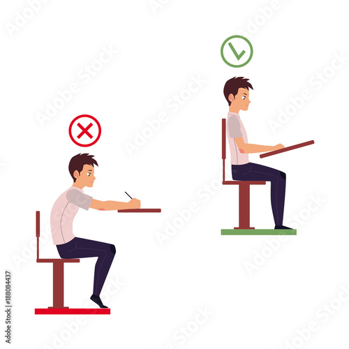 Correct and incorrect neck and spine alignment of young cartoon man character sitting at desk writing. Head bending positions, inclination of neck. Spine care concept. Vector isolated illustration