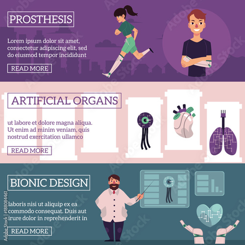 Vector bionic organs in modern medicine conceptual infographic posters with space for text illustration. Modern technologies in prosthetics, making robotic internal organs and bioprinting design.