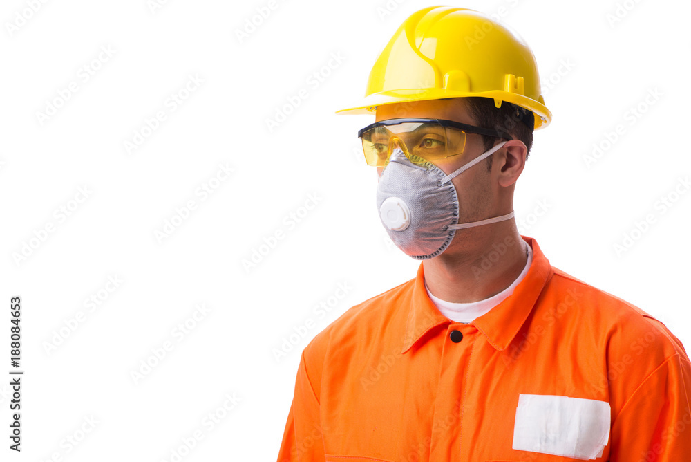 Construction worker with protective mask isolated on white Construction worker with protective mask isolated on white