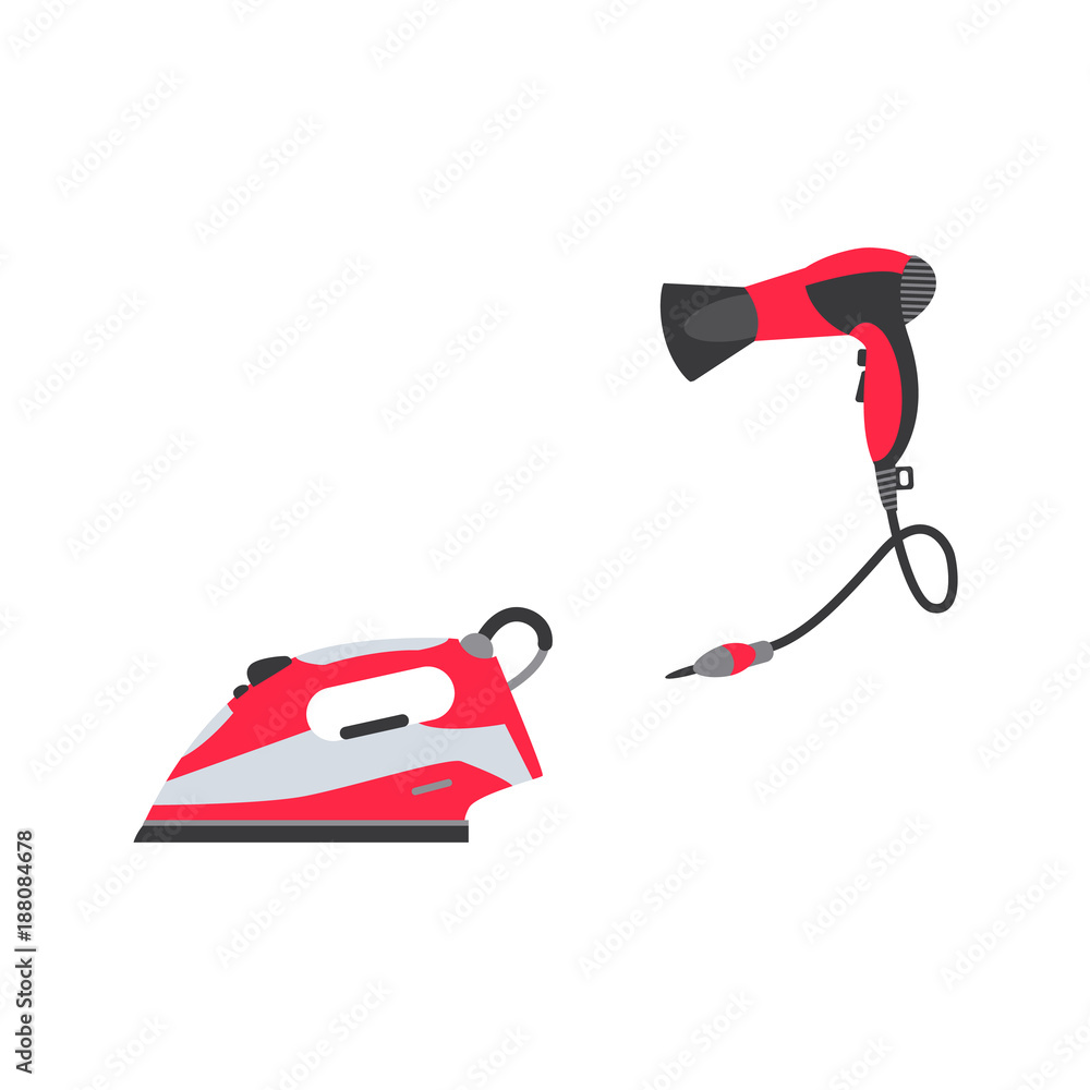 vector flat electric modern steam iron in working position and hair dryer red colored icon set. Home appliance, consumer electronics symbols for your design. Isolated illustration on white background