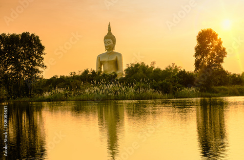 Big golden buddha statue in the Wat Maung Temple photo