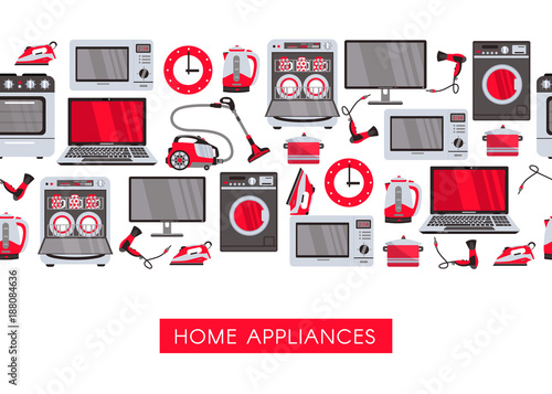 vector home appliance advertising poster design. Gas stove, dishwasher, washing machine, electric kettle or teapot, hair dryer, iron, vacuum cleaner, laptop, monitor clock, fridge seamless pattern