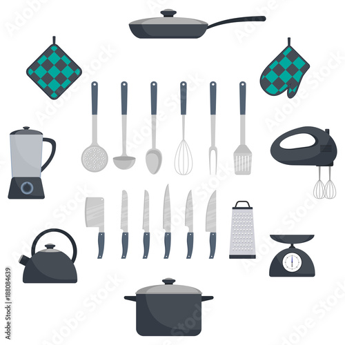 Kitchen utensils and appliances, set. Frying pan, saucepan, kettle, mixer, blender scales, oven mitts, ladle, spatula, whisk, skimmer, spoon, grater, kitchen axe, knife. Vector flat illustration.