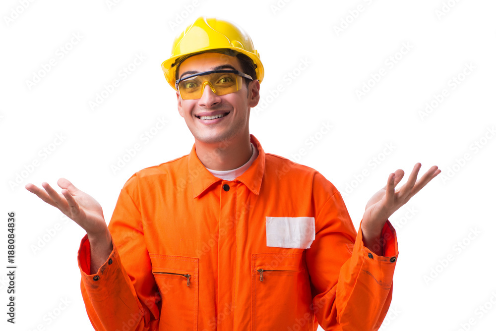Construction worker wearing hard hat isolated on white Construction worker wearing hard hat isolated on white