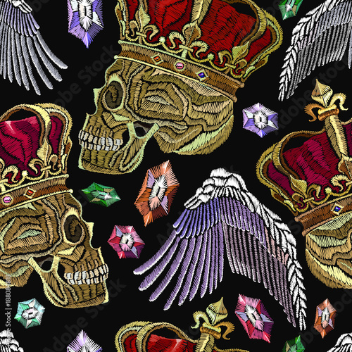 Embroidery golden crown, human skull, feathers and angel wings seamless pattern. Fashion template for clothes, textiles, t-shirt design. Embroidery medieaval seamless pattern