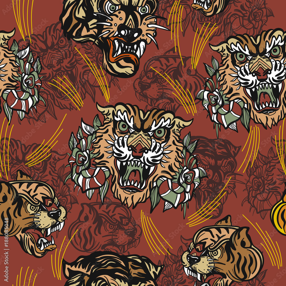 Tigers seamless pattern, vintage old school tattoo vector. Classic flash  tattoo style, patches and stickers. Fashionable tigers heads and flowers  roses pattern Stock Vector | Adobe Stock