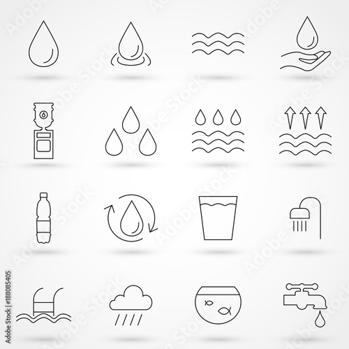 Set of water in modern thin line style. High quality black outline drop symbols for web site design and mobile apps. Simple water pictograms on a white background.
