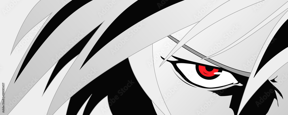 Plakat Anime twarz z czerwonymi oczami od kreskówki. Baner internetowy do anime, manga. Ilustracji wektorowych