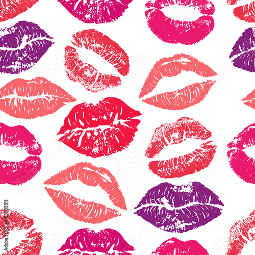 Seamless pattern with lipstick kisses. Colorful lips of red purple and pink shades isolated on a white background.fabric print, wrapping or romantic greeting card design. Print of lipstick kiss vector