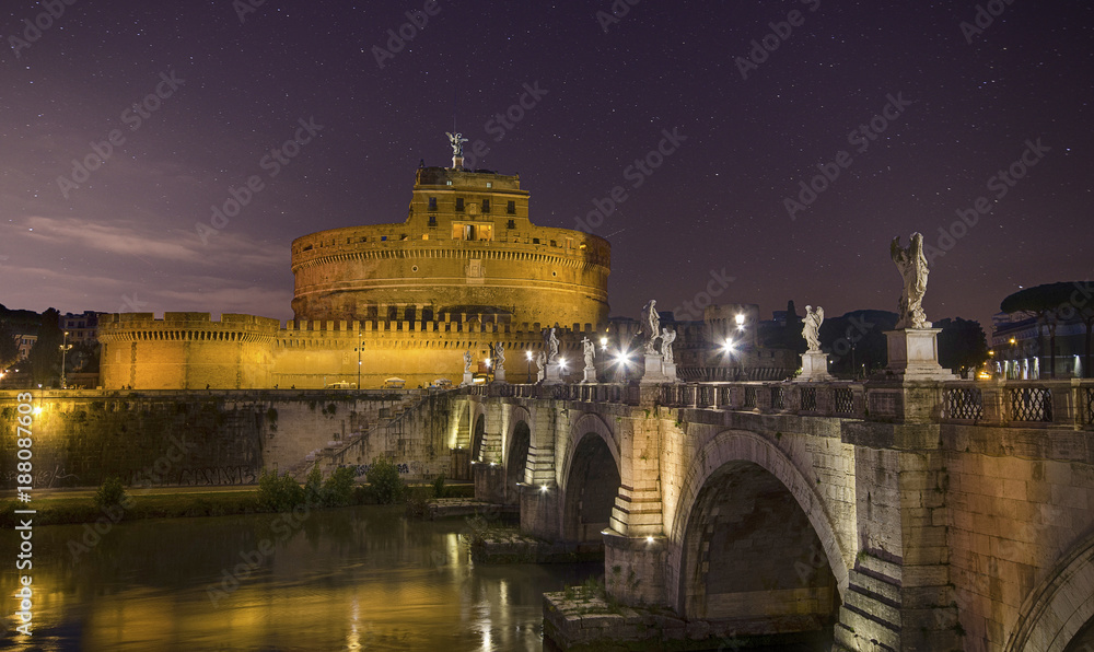 Panorama of Castel Sant'Angelo in Rome at night