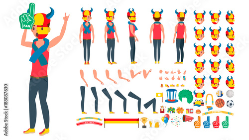 Sports Fan Vector. Animated Character Creation Set. Man National Team Supporter. Full Length, Front, Side, Back View, Accessories, Poses, Face Emotions, Gestures. Isolated Flat Cartoon Illustration