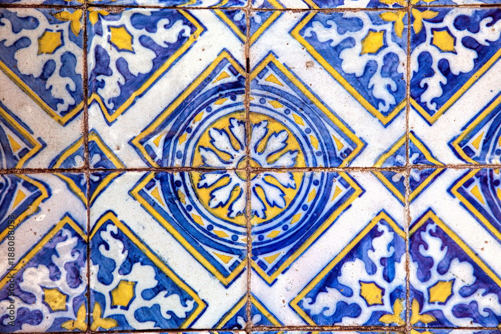 Typical decorative tiles, antique tiles detail Lisbon, art and decoration