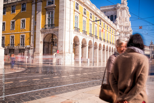  Long exposure shot .  Commerce square (Praca do Comercio) in Lisbon, Portugal .