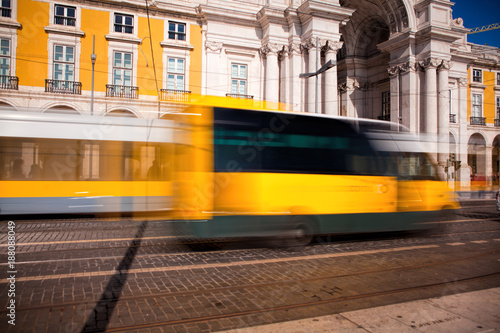 Long exposure shot .  Commerce square (Praca do Comercio) in Lisbon, Portugal .
