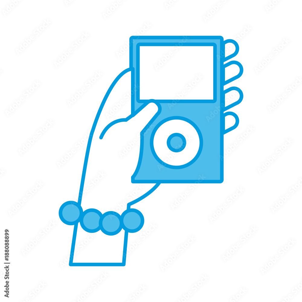 Hand holding music player icon vector illustration graphic design Hand holding music player icon vector illustration graphic design