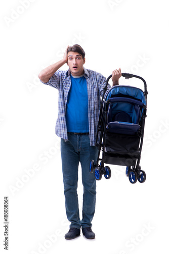 Young dad with baby pram isolated on white