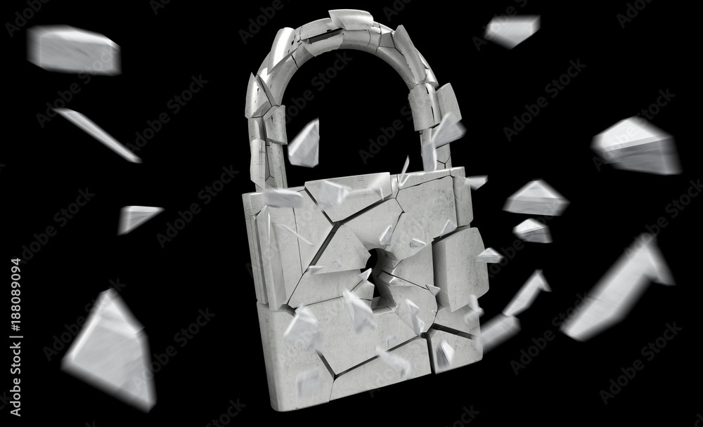 Broken padlock security 3D rendering