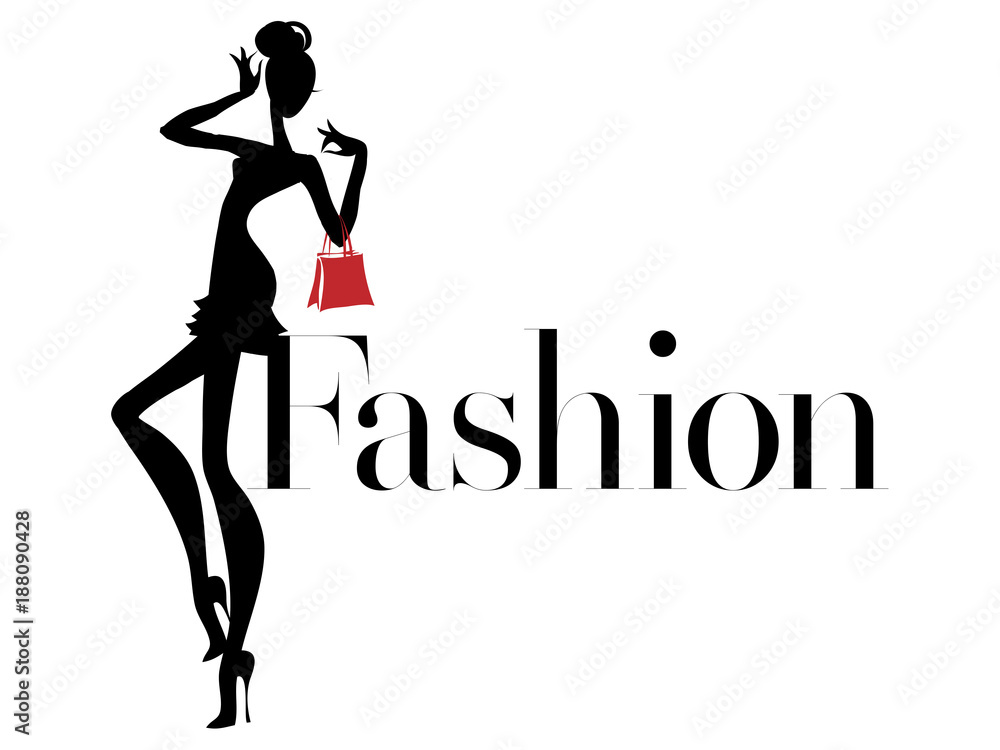 Black and white fashion woman silhouette with red bag, boutique logo, sale banner, shopping advertising. Hand drawn vector illustration art Black and white fashion woman silhouette with red bag, boutique logo, sale banner, shopping advertising. Hand drawn vector illustration art