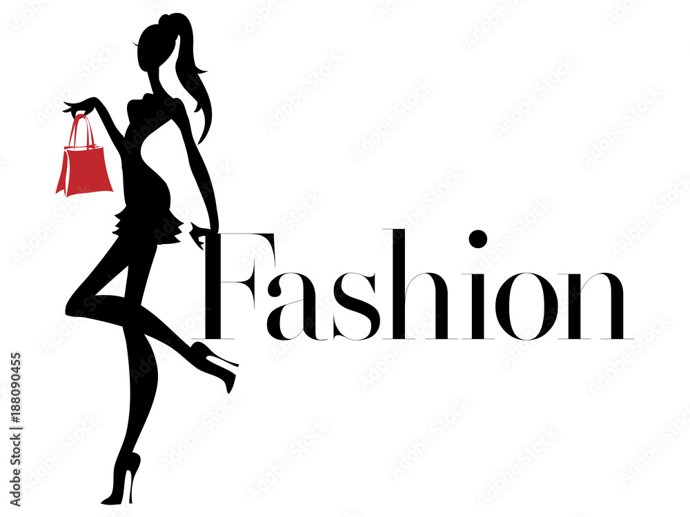 Black and white fashion woman silhouette with red bag, boutique logo ...