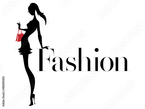 Black and white fashion woman silhouette with red bag, boutique logo, sale banner, shopping advertising. Hand drawn vector illustration art