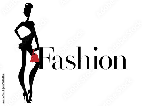 Black and white fashion woman silhouette with red bag, boutique logo, sale banner, shopping advertising. Hand drawn vector illustration art
