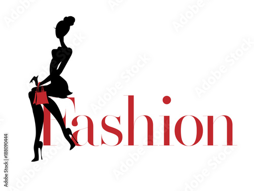 Black and white fashion woman silhouette with red bag, boutique logo, sale banner, shopping advertising. Hand drawn vector illustration art