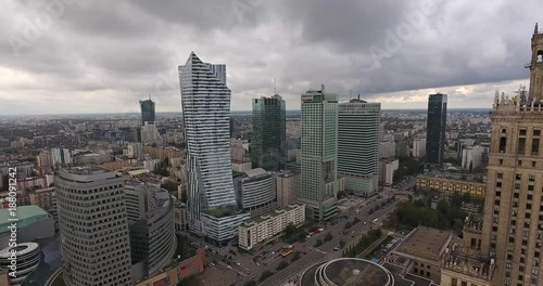 September 2017: Palace Of Culture And Science In Warsaw, Day Timelapse. Aerial View On Warsaw's Skyscrapers And Palace Of Culture And Science In Center.