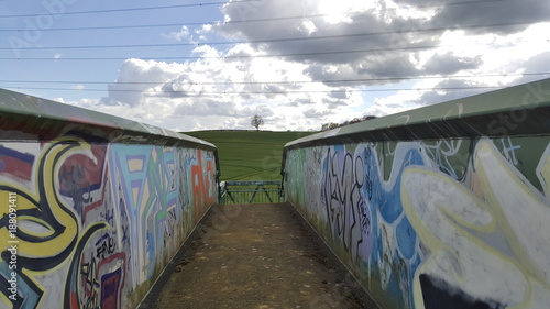 Rural landscape view from railway bridge covered in graffiti