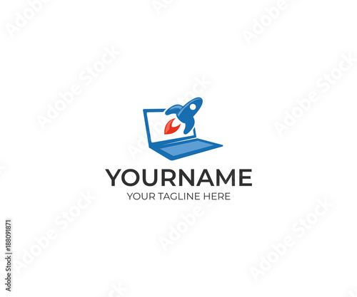 Rocket crashes out of the laptop logo template. Startup idea vector design. Abstract business illustration