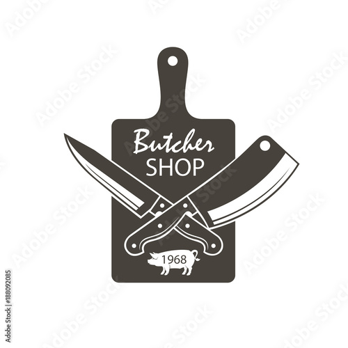 monochrome butcher shop emblem of kithen cutting board, crossed knives and pig