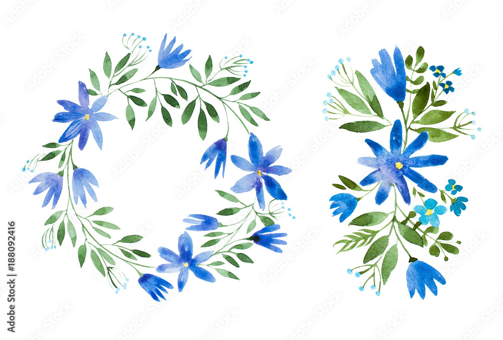 Romantic cornflower garland hand-drawn with watercolor technique. Hand-drawn rustic floral wreath