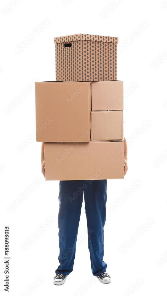 Man with moving boxes on white background