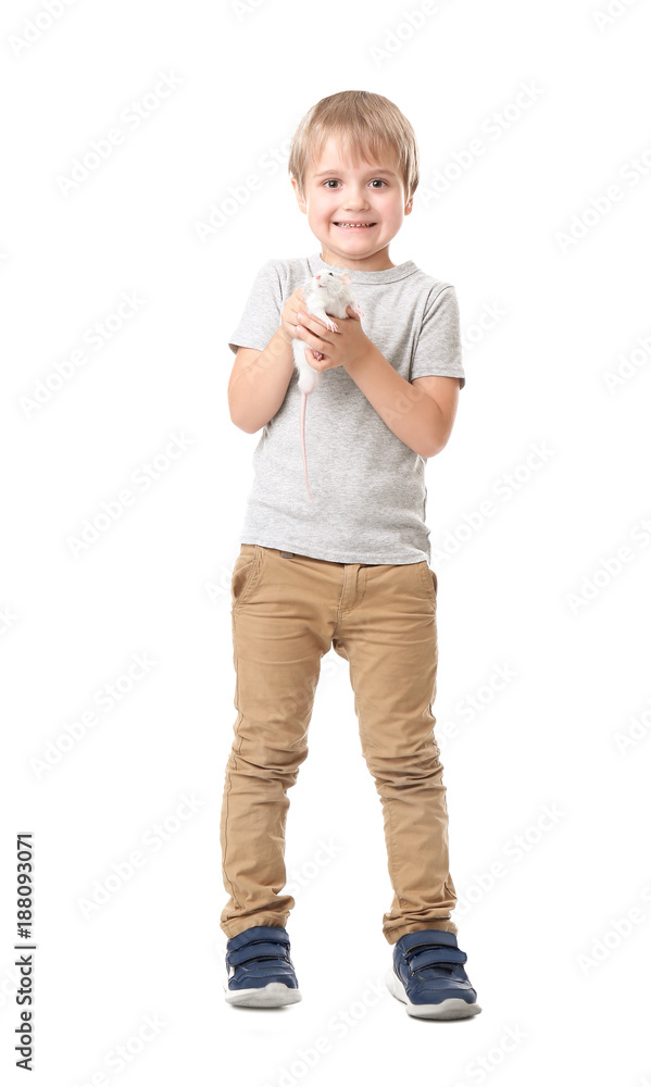 Little boy with cute pet rat on white background Little boy with cute pet rat on white background
