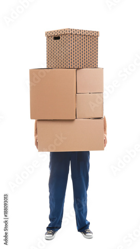 Man with moving boxes on white background © Africa Studio