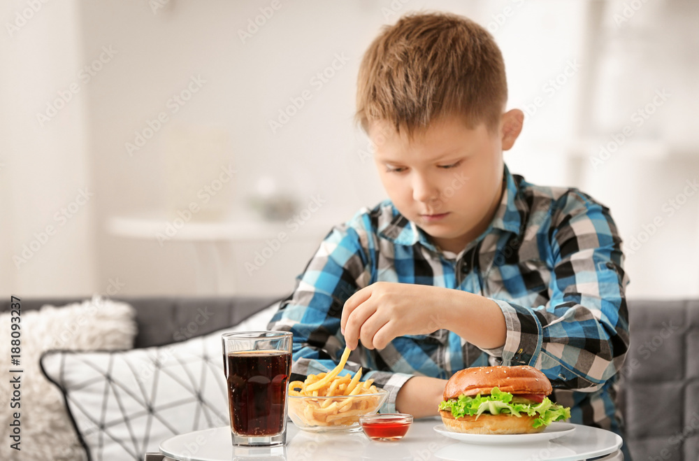 Overweight boy eating junk food at home Overweight boy eating junk food at home