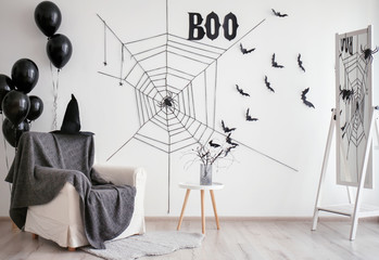 Interior of room decorated for Halloween party