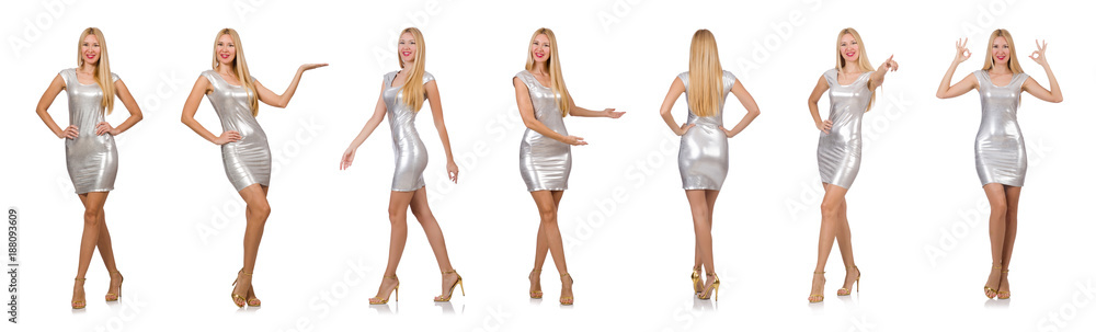 Young woman in silver dress isolated on white Young woman in silver dress isolated on white